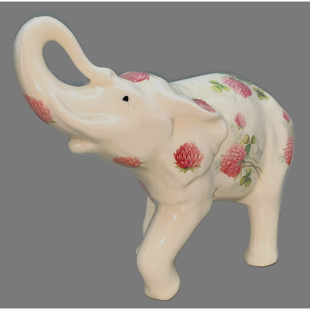 Cottage Granny Core Pink Thistle Flowers ELEPHANT Trunk Up Vtg Figurine 6" x 8" - Picture 7 of 12
